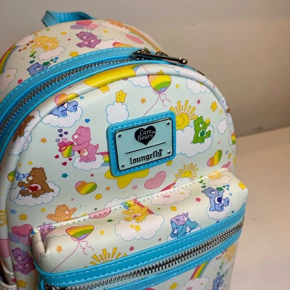 Loungefly Care Bears Mini Backpack NWT 40th Anniversary Blue Zip Rainbow Bag - Picture 3 of 11